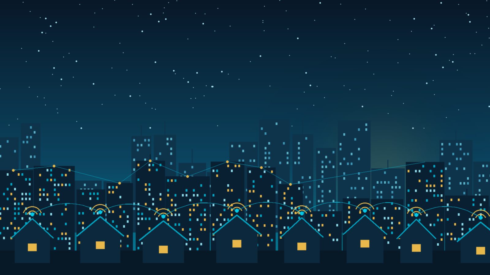 Ilustrasi kota pintar saat senja dengan rumah-rumah yang saling terhubung jaringan
